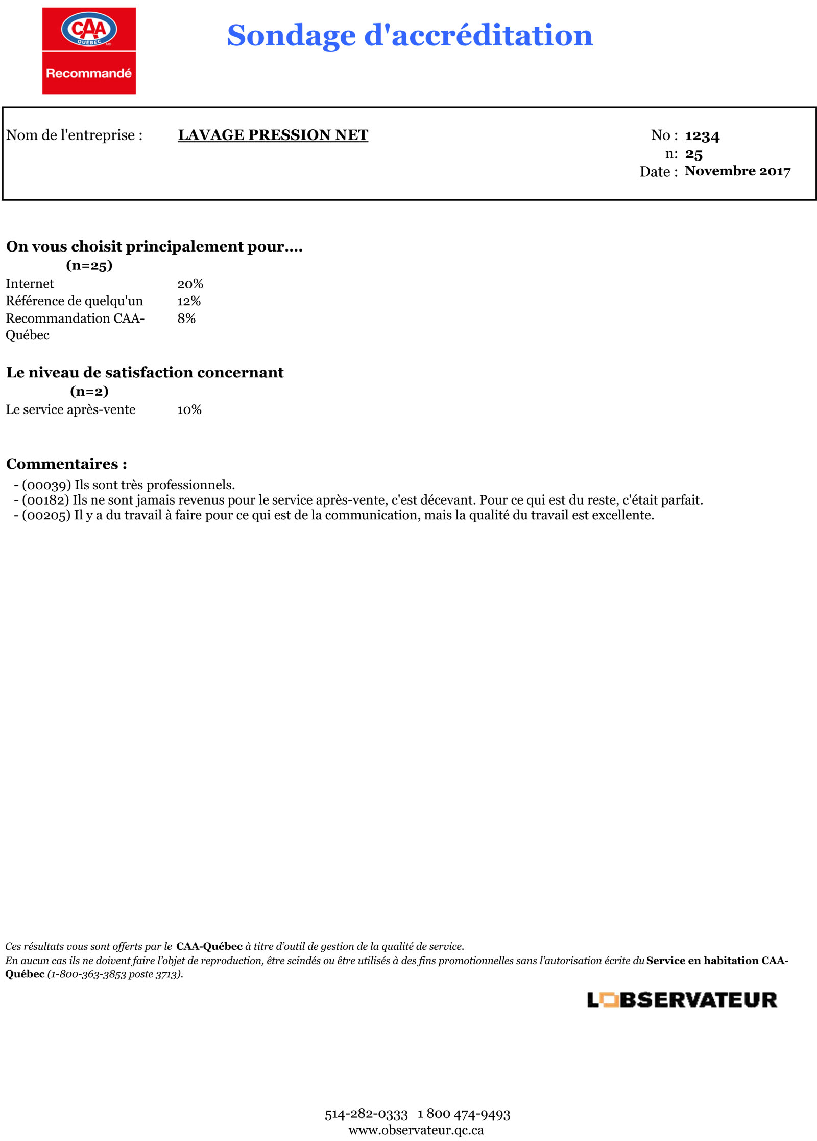 Sondage d'accréditation CAA deuxième partie - Lavage Pression Net à Morin Heights